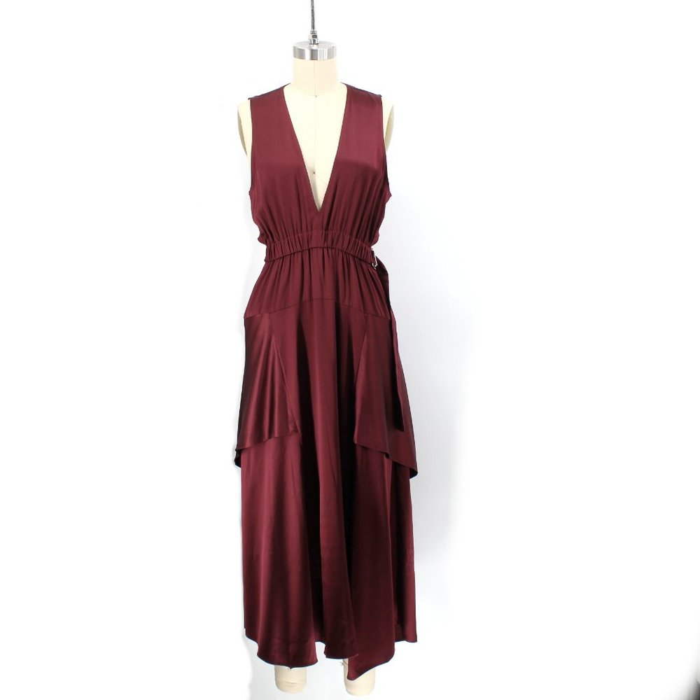 A.L.C. Silk Verena Plunging V-Neck Open Back Burgundy Satin Midi Dress - Picture 3 of 15